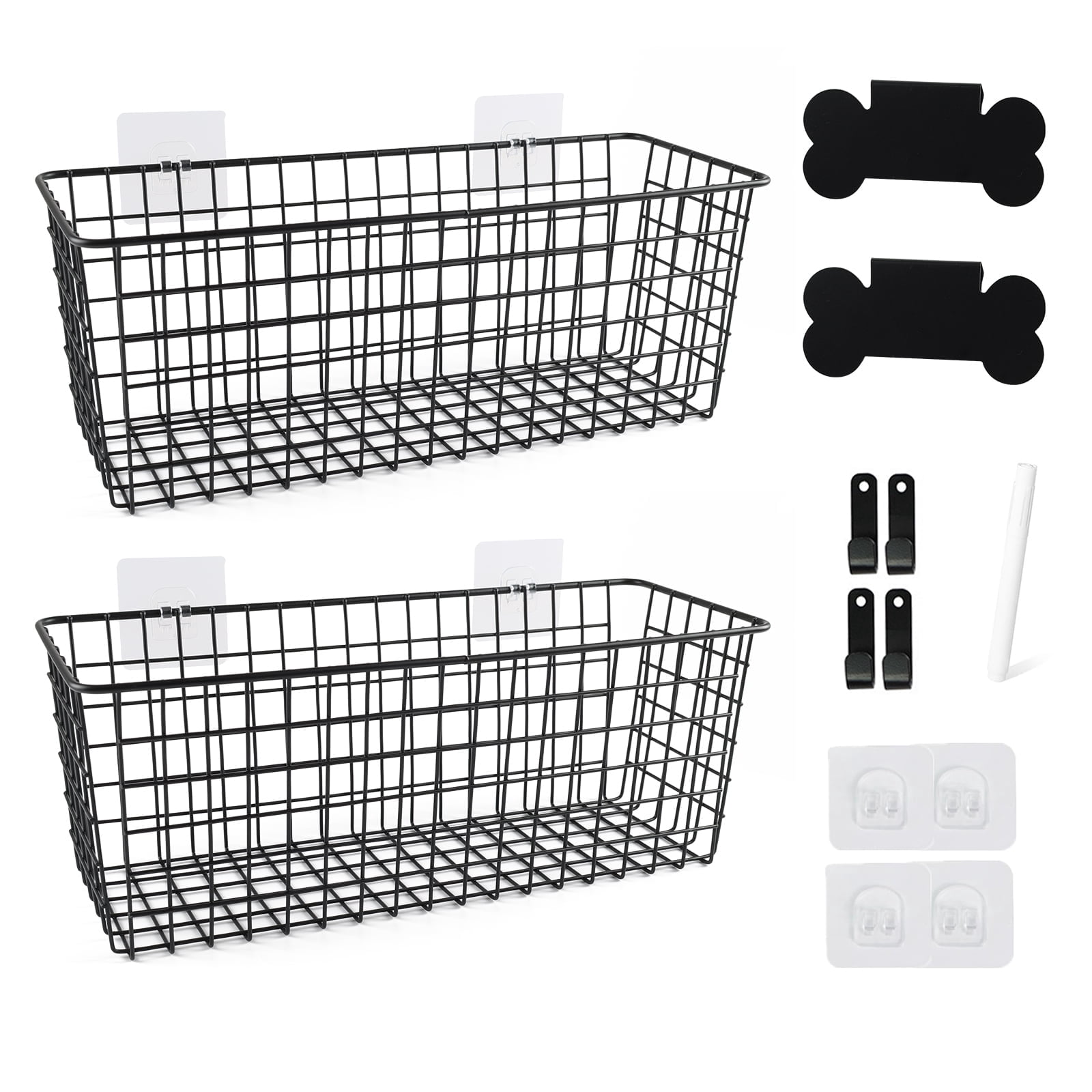 Pethiy 2-Pack Black Wire Wall-Mounted Storage Baskets, Large Capacity Metal Organizer Bins for Kitchen Onion, Potato, Fruit & Pantry Storage with Nameplate & Hooks