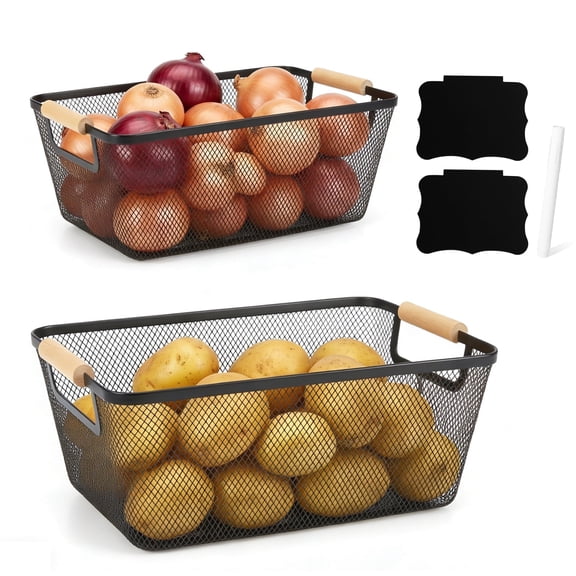 Pethiy 2-Pack Large Capacity Potato Onion Storage Container, Metal Storage Basket with Ventilated Design, Vegetable Storage Organizer Bin - Black