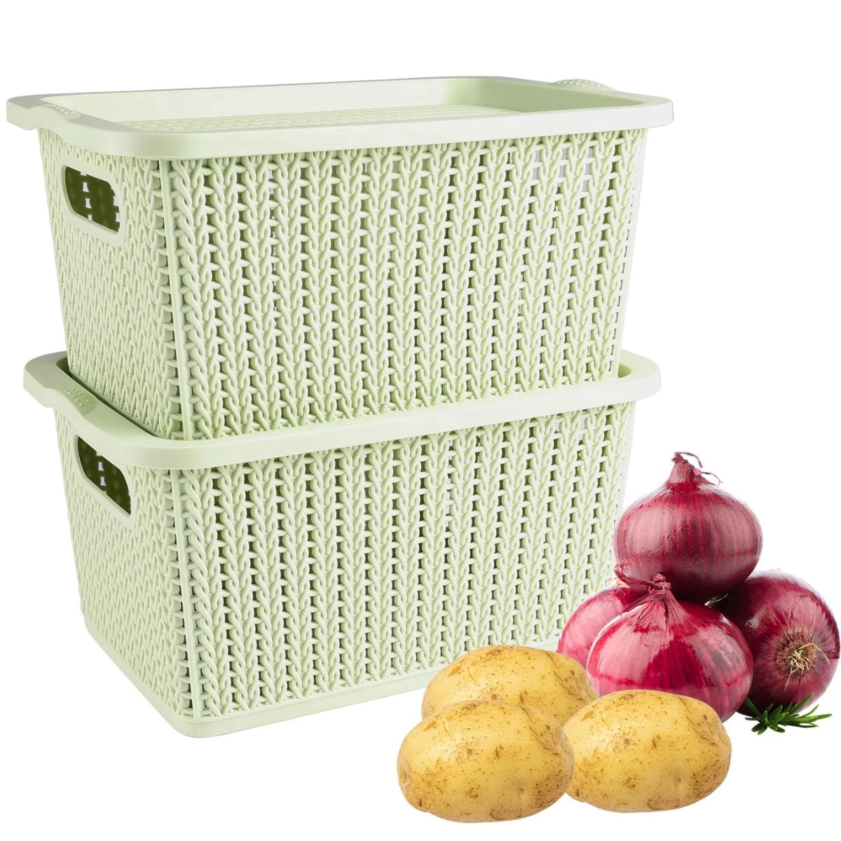 Pethiy 2-Pack Light Green Rattan-Texture Plastic Storage Baskets - Hollow Breathable Onion/Potato/Vegetable Organizers with Handles, Stackable for Kitchen Pantry Countertop