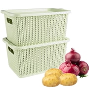 Pethiy 2-Pack Light Green Rattan-Texture Plastic Storage Baskets - Hollow Breathable Onion/Potato/Vegetable Organizers with Handles, Stackable for Kitchen Pantr