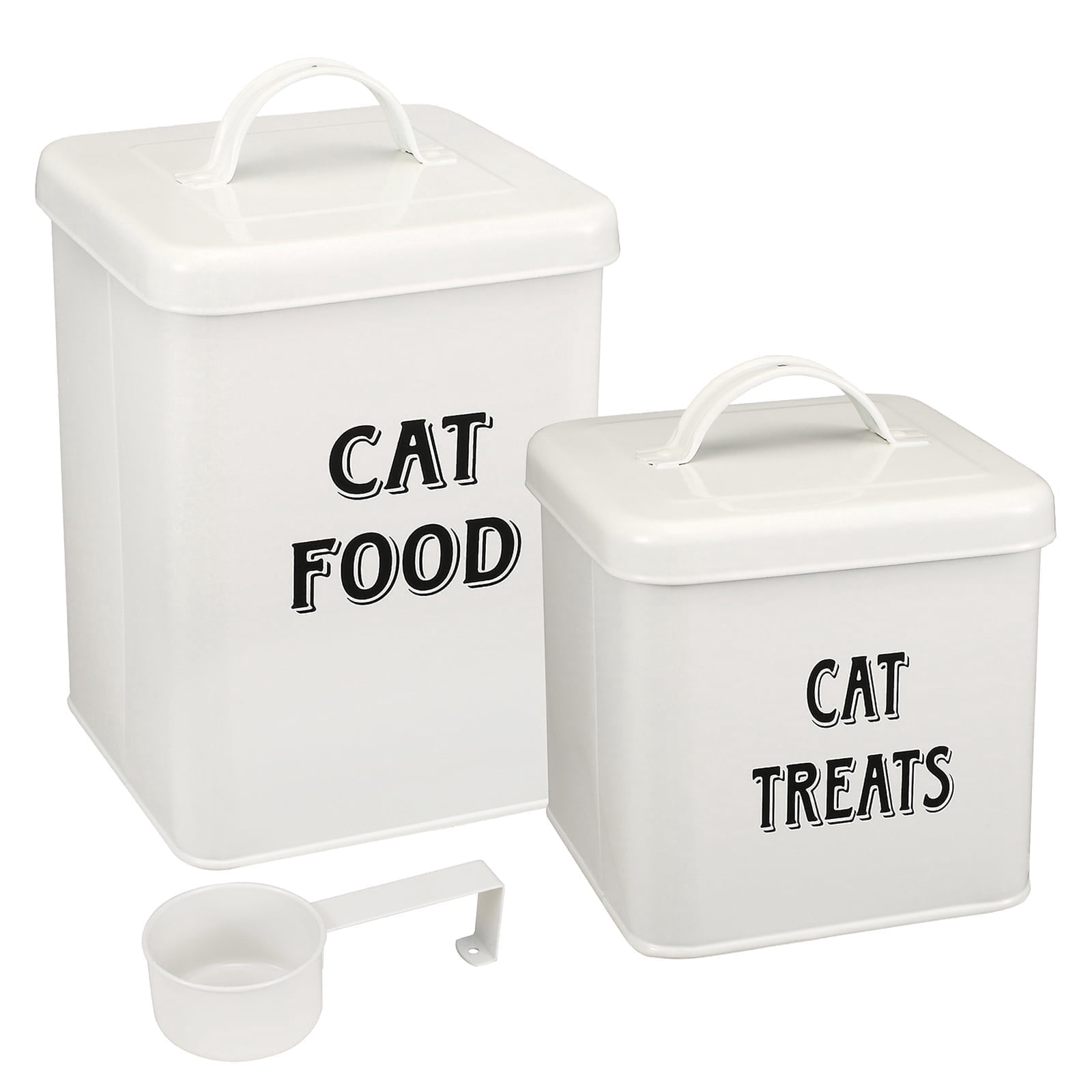 Pethiy 2-Piece White Metal Cat Food Storage Set with Scoop, Airtight Containers with Lids for Cat Food & Treats, Pet Food Canisters - White