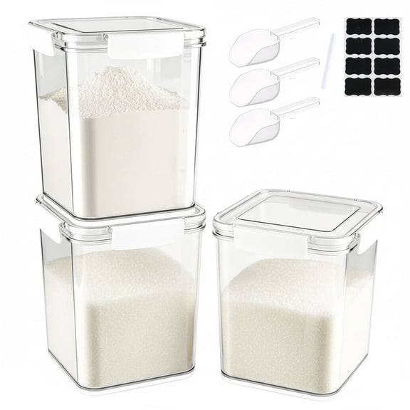 Pethiy 3-Pack Airtight Food Storage Containers with Lids, BPA-Free Plastic Pantry Organizer Bins with Scoops, Labels & Marker for Flour, Sugar, Cereal & Dry Food