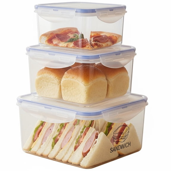 Pethiy 3-Piece Airtight Food Storage Containers Transparent PET Sealable Boxes (1.35L/2.15L/3.06L) for Kitchen/Picnic