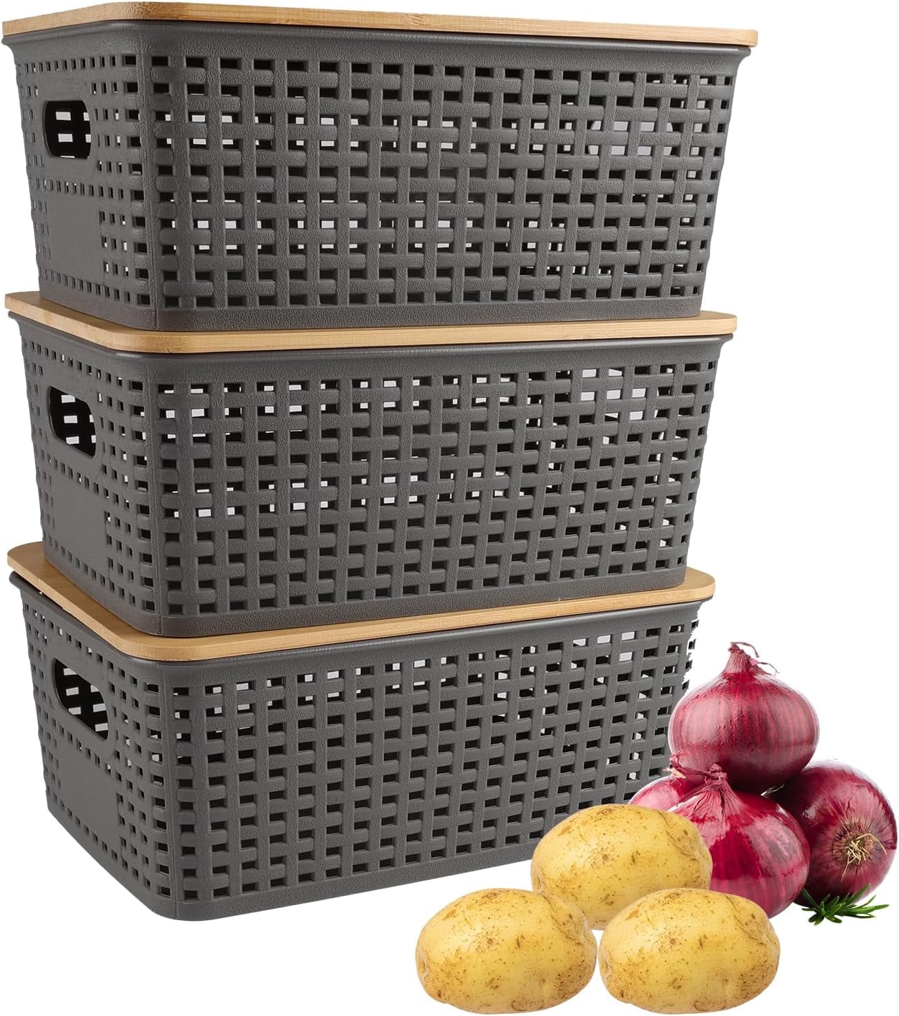 Pethiy 3-Piece Storage Set with Bamboo Lids, Ventilated Potato & Onion Bins with Handles, Pantry Organizer for Vegetables, Fruit & Snacks