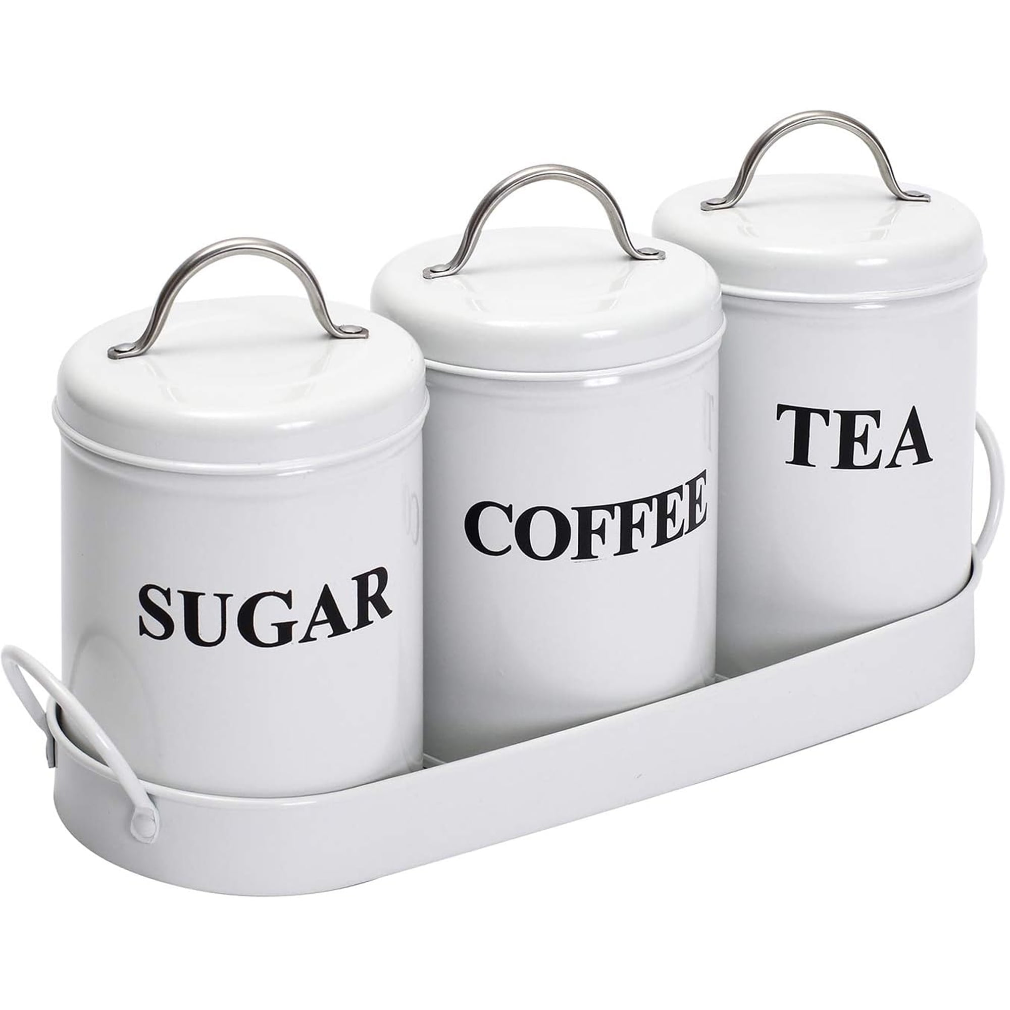 Pethiy Tea Coffee Sugar Canister Set,Airtight Food Storage Canister,Vintage, Farmhouse Metal Containers with Lids, Coffee, Tea, Sugar Set Canister With Tray for Food Storage,3 Pack,White