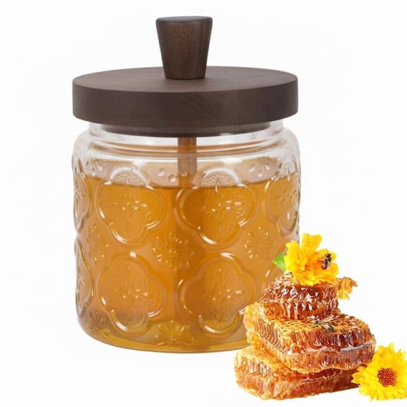 Pethiy 500ml Vintage Embossed Glass Honey Jar with Wooden Lid & Dipper, Airtight Food-Safe Container for Honey, Maple Syrup, Jam & Kitchen Use