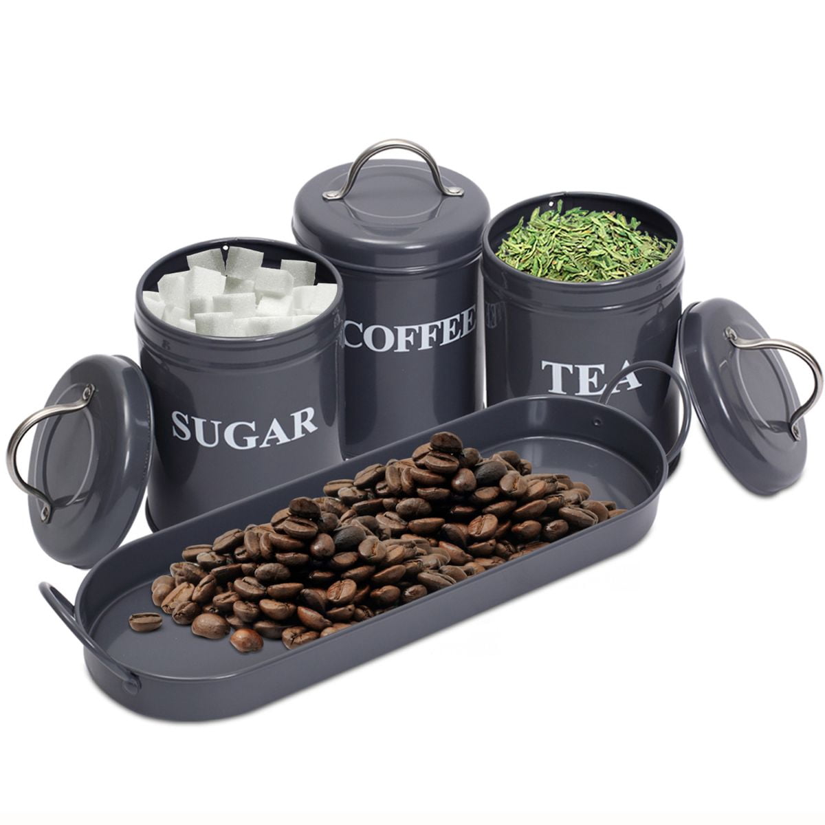 Pethiy Kitchen Storage Canister,Metal Vintage Kitchen Canisters Set of 3,Coffee Sugar Tea Canister Set,Food Storage Canister with Lid,Farmhouse Kitchen Decor,Gray