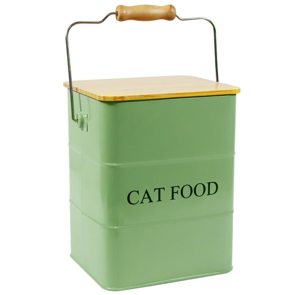 Pethiy Cat Food Storage Container Cat Treats Jar, Metal Food Treats Tin for Cat, Pet Snacks Canisters with Wooden Lid/Handle/Sevice Scoop,Hold 5-6 lbs-Green