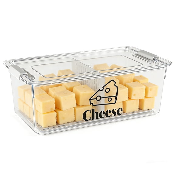 Pethiy Cheese Storage Container with Removable Drain Tray & Partition, Airtight Plastic Cheese Keeper for Refrigerator, BPA-Free Food Storage Box for Cheese, Butter, Fruits & Salad