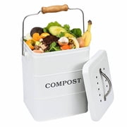 Pethiy Compost Bin for Kitchen Countertop, Compost Bucket for Kitchen with Lid,Great for Food Scraps, Carbon Steel, Handles, White, 1 Gallon - Includes Charcoal