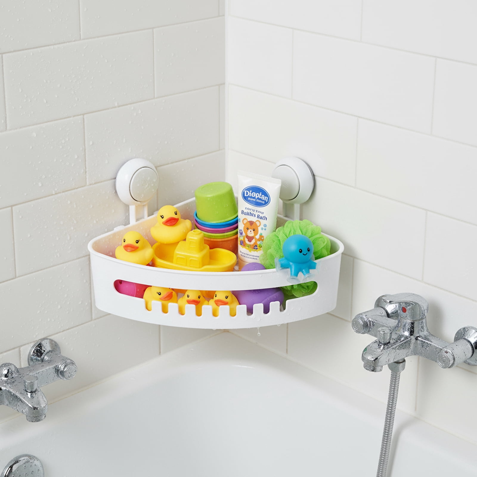 Pethiy Corner Bath Toy Organizer with Suction Cups & Drainage Holes, Space-Saving Bath Toy Storage Basket for Kids’ Bathroom (White)