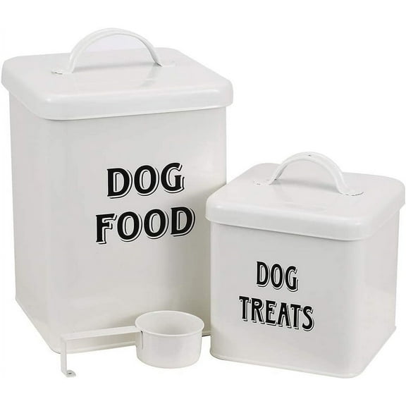Pethiy Dog Food Storage Container,Farmhouse Pet Food Bin with Lid and Scoop(Set of 2), Metal Dog Food Storage Container for Kitchen Countertop, 2.5L+5L,White