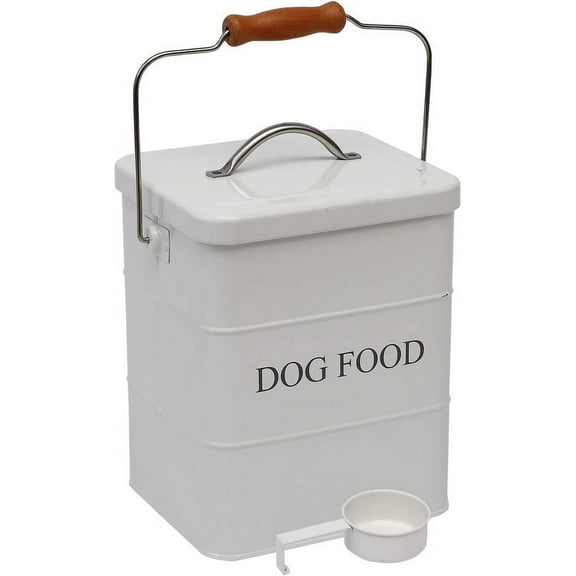 Pethiy Dog Food Storage,Pet Food Storage Container Tin with Lid &Spoon for Dog,5lbs Metal Dog Food Bin, White