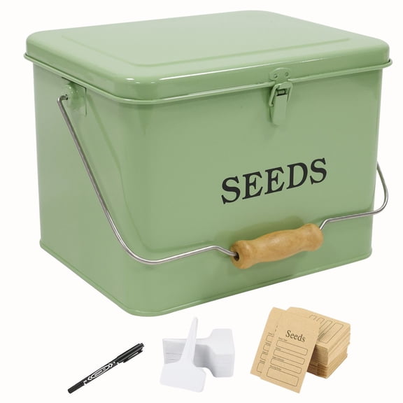 Pethiy Green Metal Seed Storage Box with Safety Lock & Wooden Handle, Complete Gardening Gift Set - 20 Plant Labels & 50 Seed Envelopes