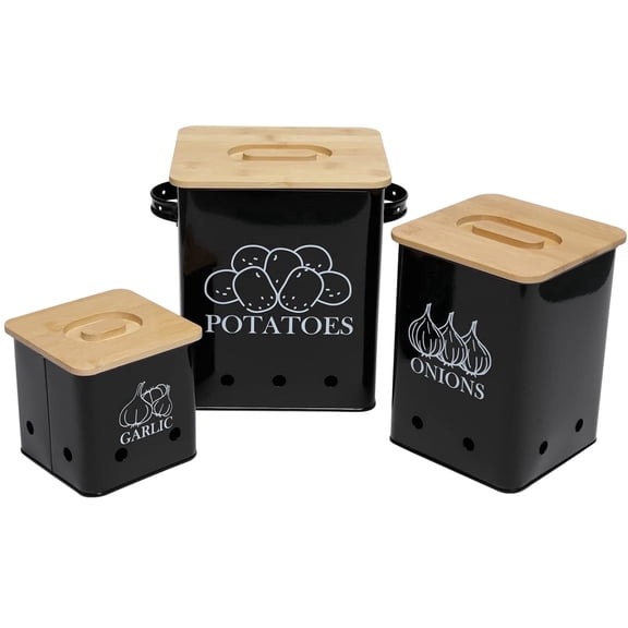 Pethiy Kitchen Canisters Set, Storage Bin for Potato Onion & Garlic, 3 Pack Set Countertop Pots Containers with Wooden Lid - Potato Storage, Garlic Bin, Onion Keeper Tin with Aerating Holes-Black
