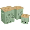 thumbnail image 1 of Pethiy Kitchen Canisters Set, Storage Bin for Potato Onion & Garlic, 3 Pack Set Countertop Pots Containers with Wooden Lid - Potato Storage, Garlic Bin, Onion Keeper Tin with Aerating Holes-Green, 1 of 6