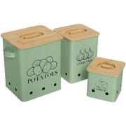Pethiy Kitchen Canisters Set, Storage Bin for Potato Onion & Garlic, 3 Pack Set Countertop Pots Containers with Wooden Lid - Potato Storage, Garlic Bin, Onion Keeper Tin with Aerating Holes-Green