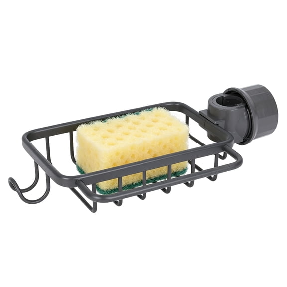 Pethiy Kitchen Sponge Holder & Soap Rack, Aluminum Rustproof Faucet Caddy with Towel Hook, 360° Rotatable Shower Sink Storage Basket for Bathroom