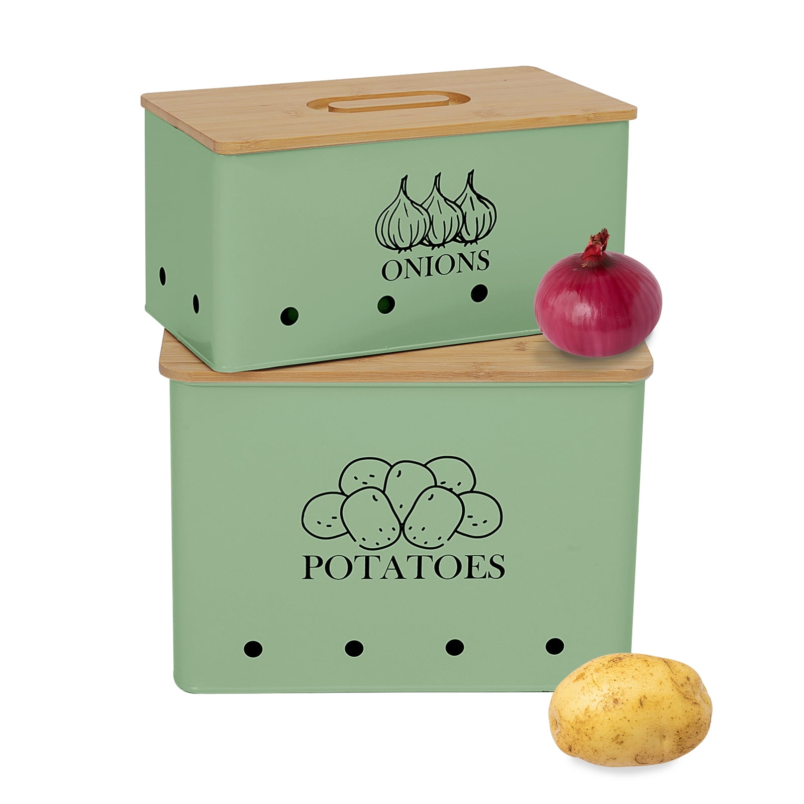 Pethiy Kitchen Vegetable Storage,Metal Onion and Potato Canisters with Wooden Lid,Storage Containers with Ventilated Holes for Freshness,2 Pack,Green