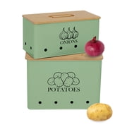 Pethiy Kitchen Vegetable Storage,Metal Onion and Potato Canisters with Wooden Lid,Storage Containers with Ventilated Holes for Freshness,2 Pack,Green