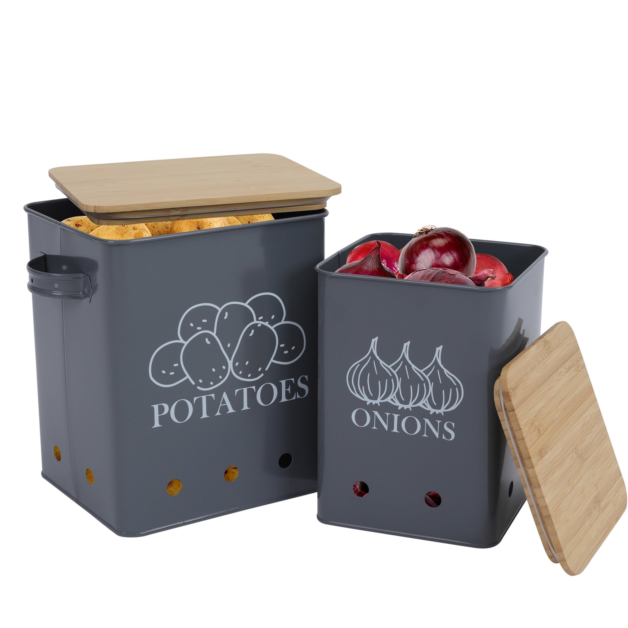 Pethiy Kitchen Vegetable Storage Tins Set of 2 for Potatoes, Onion, Garlic Bin Caddy with Aerating Tin Storage Holes & Wood Lid,7.4L+4.5L,Gray
