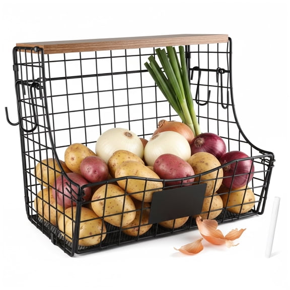 Pethiy Metal Onions & Potatoes Storage Baskets, Multi-Use Stackable Wall-Mount Organizer Set with Adjustable Wooden Top & Labels