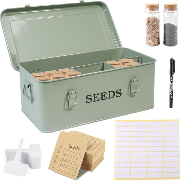 Pethiy Metal Seed Storage Box with Safety Lock, 4-Section Organizer with 20 Plant Labels & 30 Seed Envelopes, Gardening Gift Set - Green