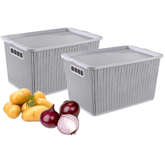 Pethiy 2-Pack Stackable Vegetable Bins, Onion Potato Storage Baskets with Lids, BPA-Free Plastic Canisters for Pantry Countertop Kitchen Organization