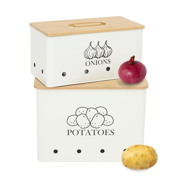 Pethiy Potato Onion Storage Canisters,Storage Bin For Kitchen 2 Pack Set,Potatoe, Potato Storage Box,Storage And Long Shelf Life with Aerating Tin Storage Holes,White