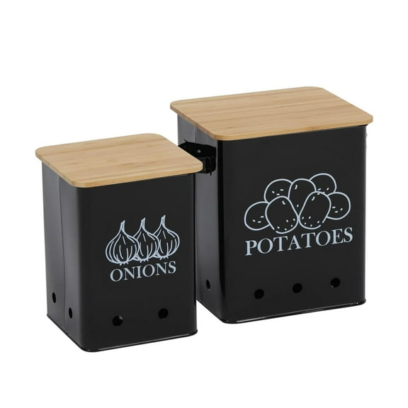 Pethiy Potato Onion Storage Bin, Kitchen Storage Containers, Kitchen Pantry Organizer Tin - Vegetable Fresh Keeper with Aerating Tin Storage Holes & Wooden Lid,7.4L+4.5L, Black