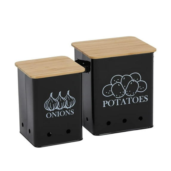 Pethiy Potato Onion Storage Bin, Kitchen Storage Containers, Kitchen Pantry Organizer Tin - Vegetable Fresh Keeper with Aerating Tin Storage Holes & Wooden Lid,7.4L+4.5L, Black