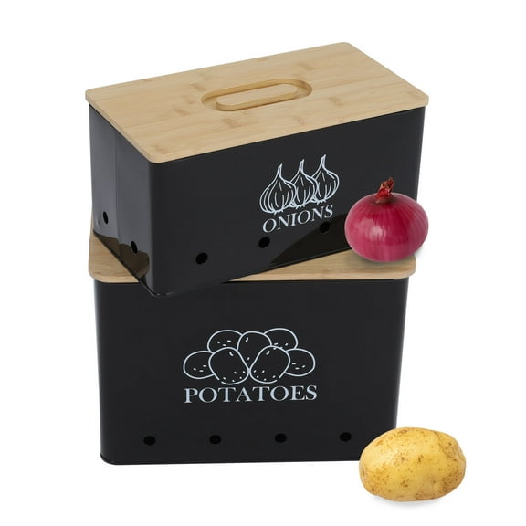 Pethiy Potato Onion Storage Bin,Potato Bin,Onion Keeper & Garlic Storage Container,Potato Onion Garlic Storage Set,Kitchen Vegetable Storage for Pantry & Countertop,2 Pack,Black