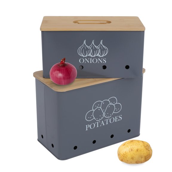 Pethiy Potato and Onion Storage Canisters - 2-Pack Kitchen Storage Bin Set, Durable Potato Storage Box with Aerating Holes for Freshness and Long Shelf Life,Gray