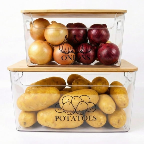 Pethiy Pantry Organizers Storage,2 Set Stackable Kitchen Counter Organizers for Onion,Potato,Fruit,Produce,Vegetable,Potato Onion Storage with Bamboo Lid