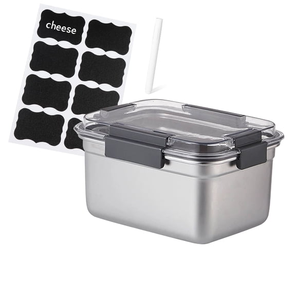 Pethiy Stainless Steel Refrigerator Storage Container, Airtight Cheese Bacon Keeper with Locking Clips, NonStick Bottom & Bonus Labels for Deli Meats & Cold Food