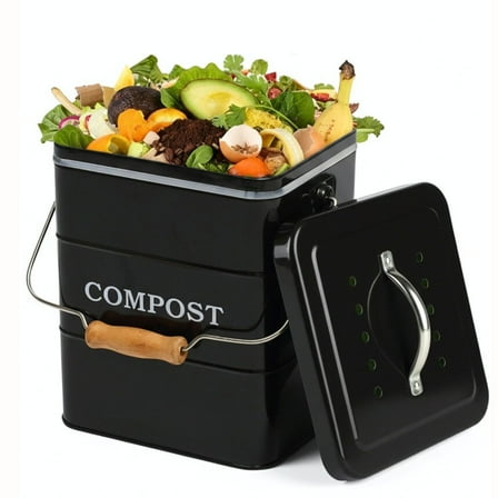 Pethiy Stainless Steel Compost Bin for Kitchen Countertop Compost Bin，1 Gallon, Kitchen Trash Can -Includes Charcoal Filter，Compost Bucket Kitchen Pail Compost with Lid-Black