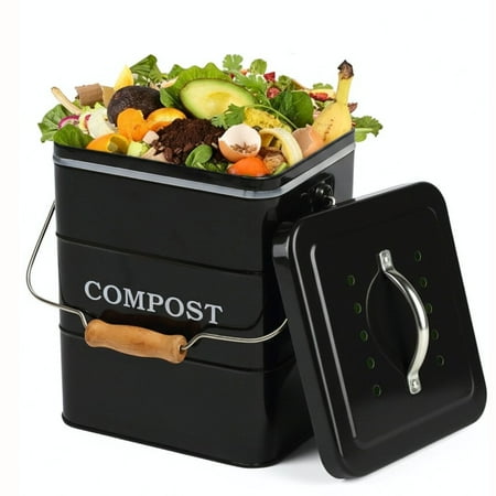 Pethiy Stainless Steel Compost Bin for Kitchen Countertop Compost Bin,1 Gallon, Kitchen Trash Can -Includes Charcoal Filter,Compost Bucket Kitchen Pail Compost with Lid-Black