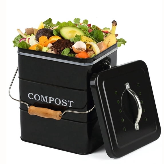 Pethiy Stainless Steel Compost Bin for Kitchen Countertop Compost Bin,1 Gallon, Kitchen Trash Can -Includes Charcoal Filter,Compost Bucket Kitchen Pail Compost with Lid-Black