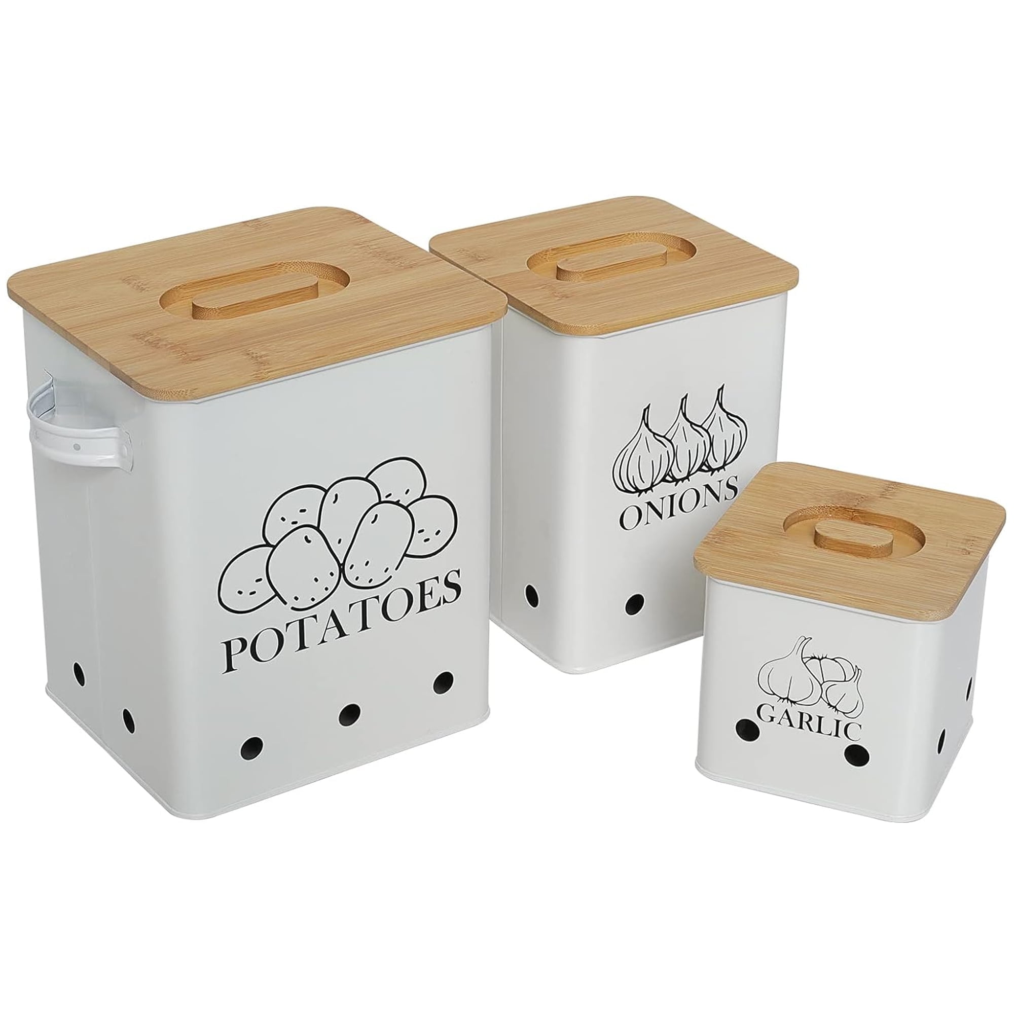 Pethiy Kitchen Storage for Potato Onion & Garlic,3 Pack Set Kitchen Counter Organizers with Wooden Lid - Potato Storage Garlic Bin,Onion Keeper Tin with Aerating Holes-White - Walmart.com
