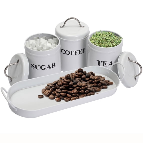 Pethiy Tea Coffee Sugar Canister Set,Airtight Food Storage Canister,Vintage, Farmhouse Metal Containers with Lids, Coffee, Tea, Sugar Set Canister With Tray for Food Storage,3 Pack,White