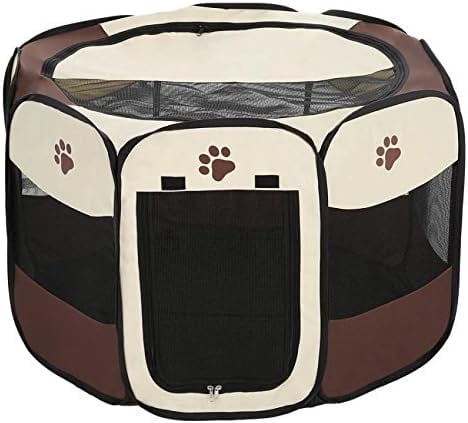 Pethouzz Pet Dog Foldable Portable Octagonal Fences Puppy Playpen House Tent Bed with a Carrying Case (Large, Brown) Brown Large