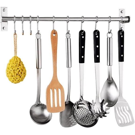 Petilleur Kitchen Sliding Hooks, Stainless Steel Hanging Rack Rail Organize Kitchen Utensil Removable S Hook for Towel, Spoon, Coats, Bathrobe, BBQ,Wall Mounted Hanger (10 Hooks 23.6In) Y101