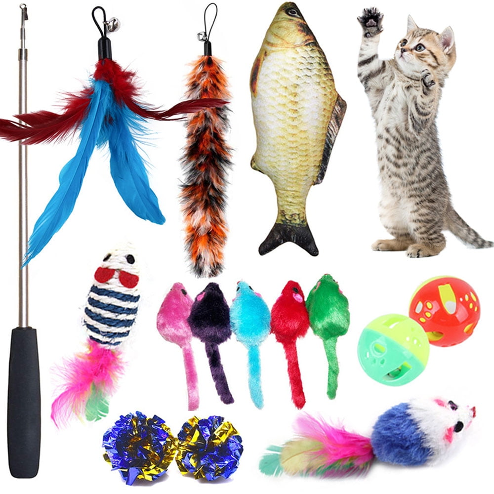 Petimi 15 Pcs Cat Toys Set Interactive Kitten Toys with Teaser Wand