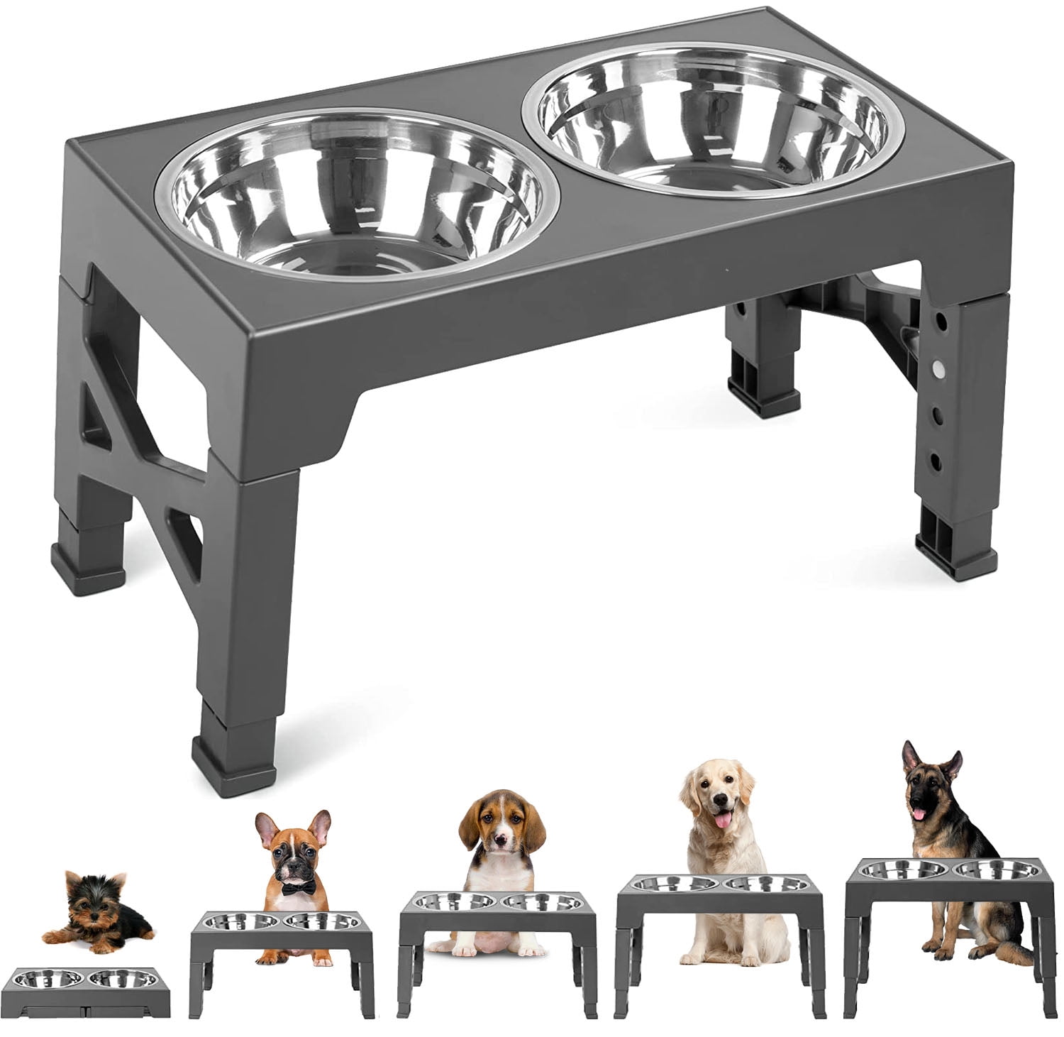 Elevated Dog Bowls with 2 Stainless Steel Dog Food Bowls, Raised Dog Bowl  Adjusts to 3 Heights and 15° Tilted for Small Medium and Large Dogs,Black