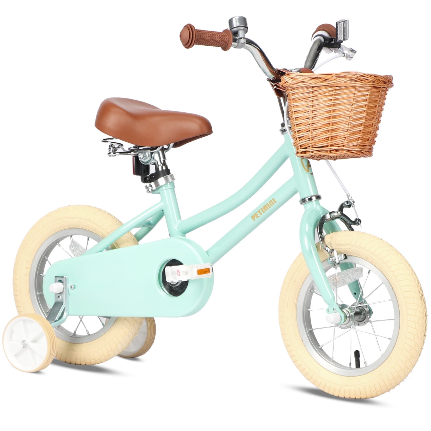 Petimini 12 Inch Kids Bike for 2 3 4 Years Old Little Girls Retro Vintage Style Bicycles with Training Wheels and Bell, Mint Green