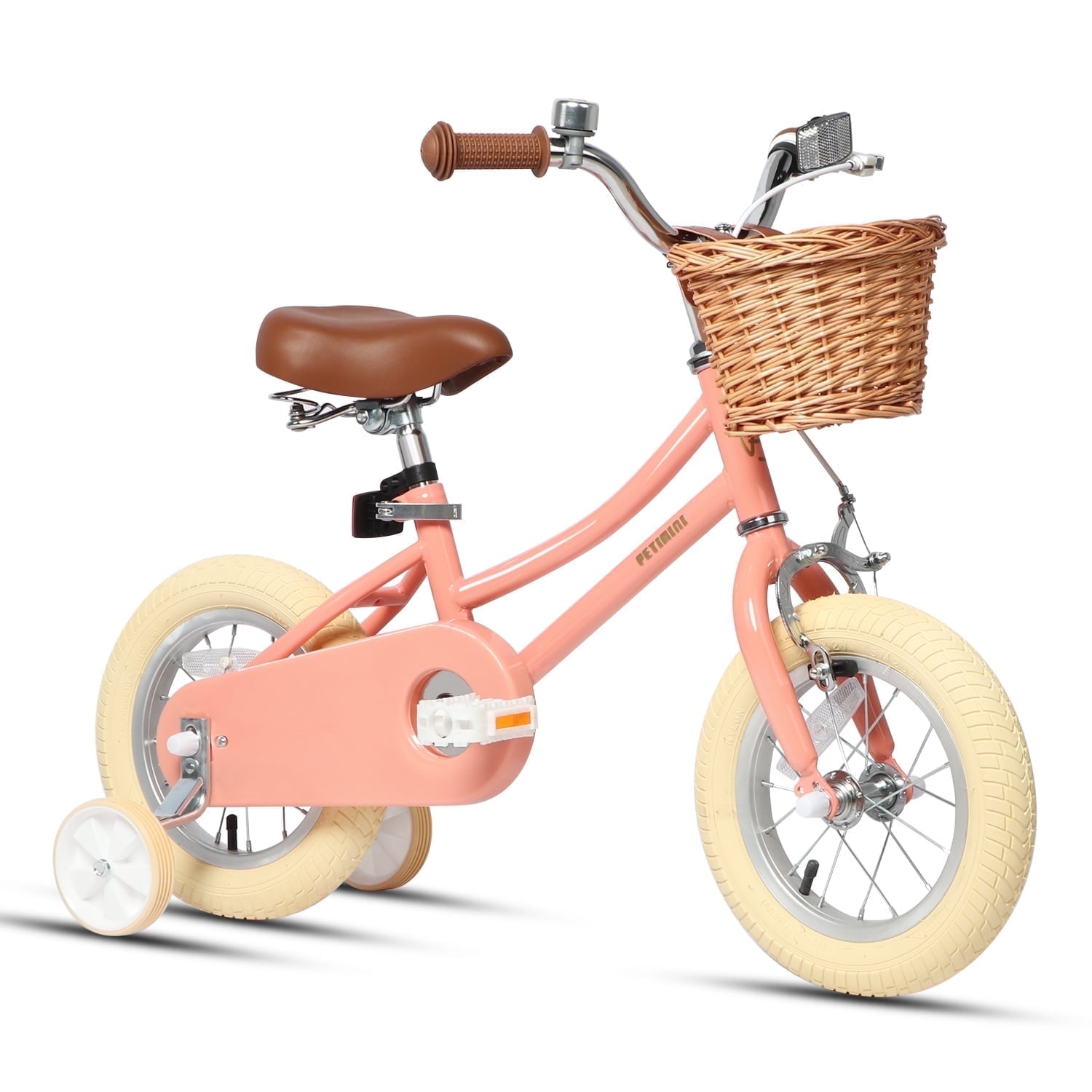 Petimini 14 Inch Little Kids Bike for Age 3 4 5 Years Old Girls Retro Vintage Style Bicycles with Basket Training Wheels and Bell Peach