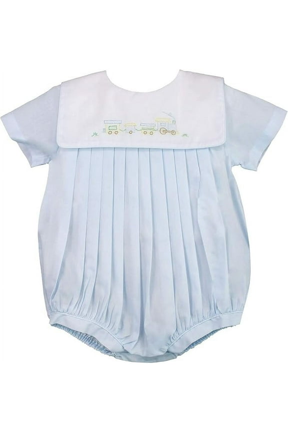 Baby Boys' Square Collar Romper with Train Embroidery, 6 Months, Blue