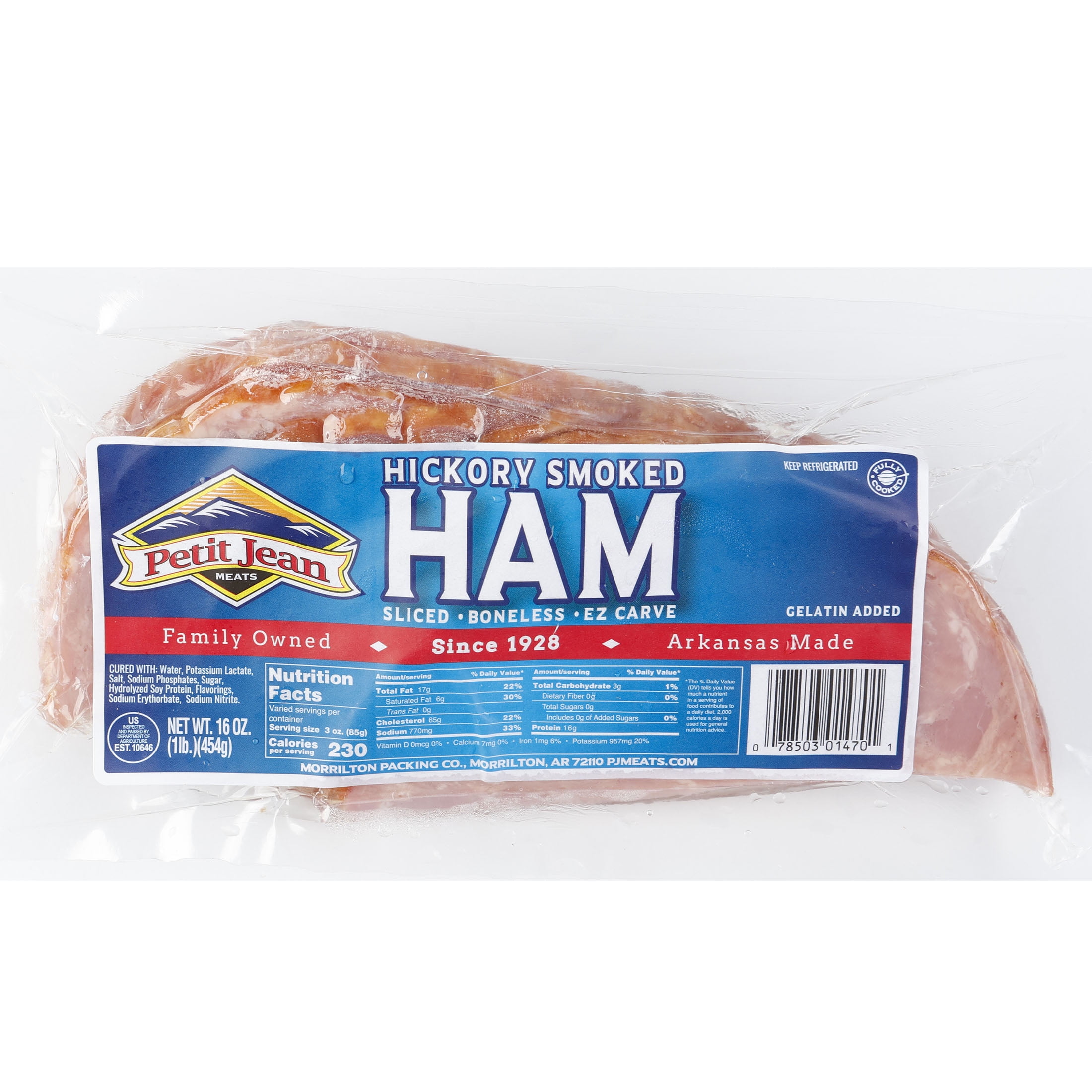 Petit Jean Meats E-Z Carve Hickory Smoked Sliced  Ham, Fully Cooked, Plastic Vacuum Pack,16 oz