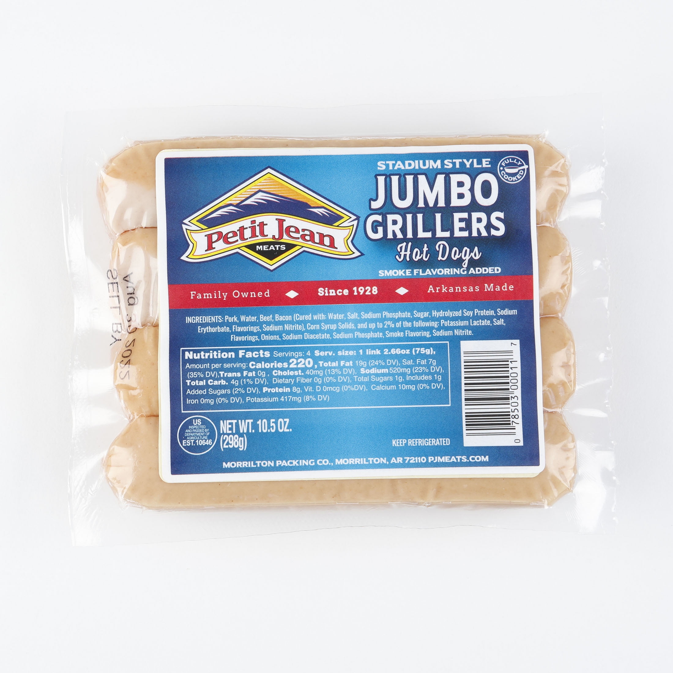 Petit Jean Meats, Jumbo Grillers Hot Dogs, 10.5 oz, 4 Ct
