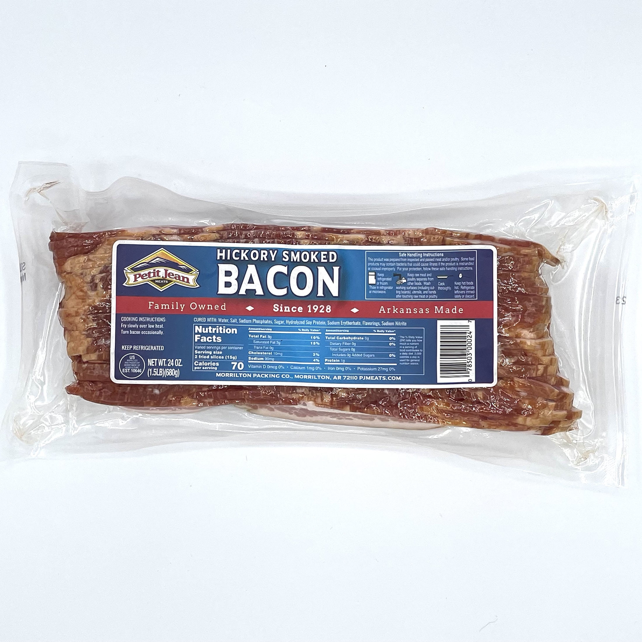 Petit Jean Meats Naturally Hickory Smoked Thick Sliced Bacon, Vacuum Pack, 24 oz